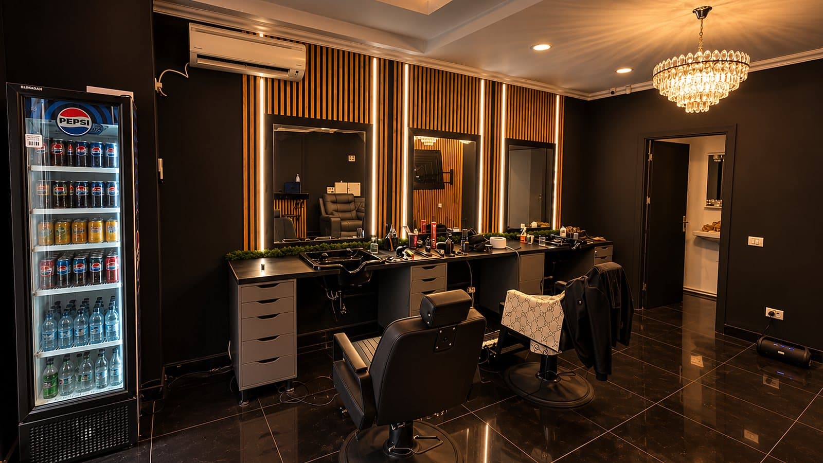 Interiorul Offline Barbershop: scaune de frizerie, oglinzi cu lumini și frigider cu băuturi